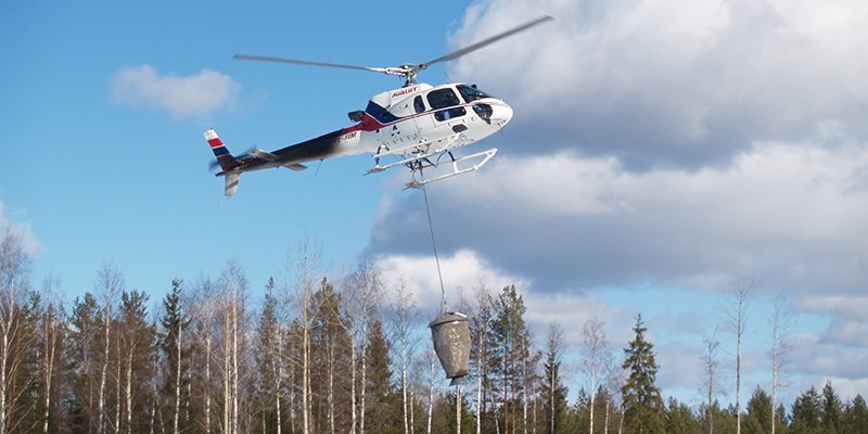 Helikoptern sprider ut askgödselmedel i skogen. 