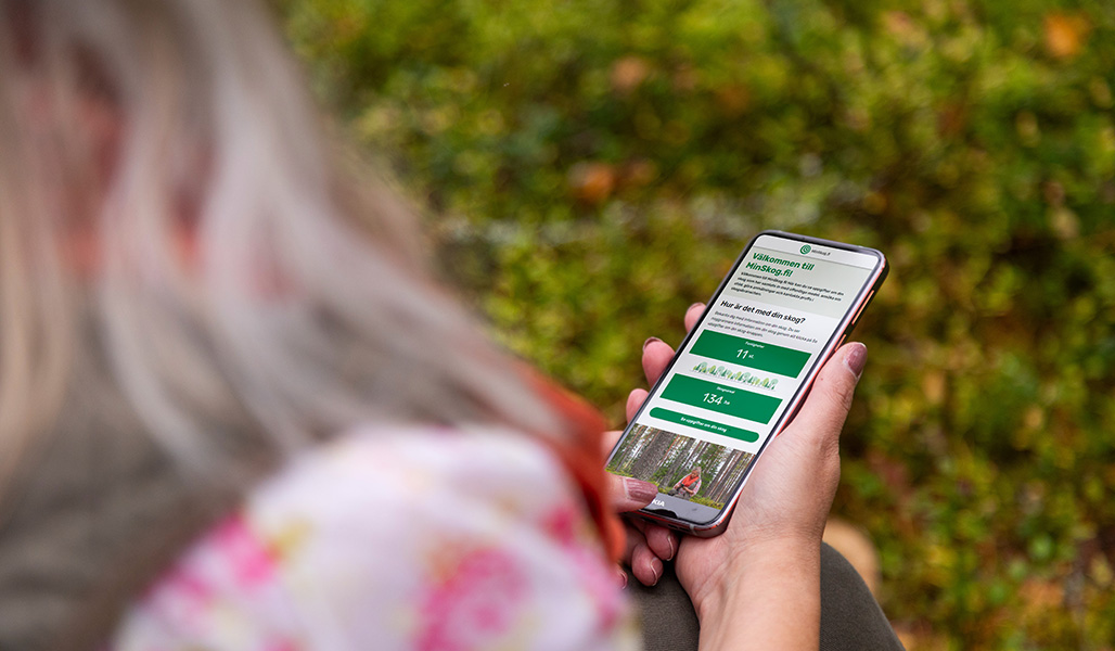 Kvinnan tittar på uppgifterna i tjänsten MinSkog.fi på sin telefon. 